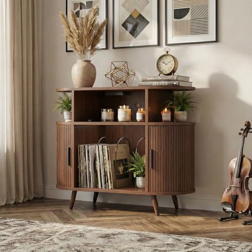 35” Mid Century Record Player Stand, Round Record Storage Cabinet with Charging Station, Turntable Stand Holds up to 150+ Albums, Vinyl Record Player Shelf for Media Stereo Audio, Living Room, Walnut Quelthar