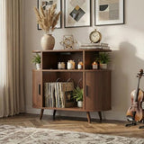 35” Mid Century Record Player Stand, Round Record Storage Cabinet with Charging Station, Turntable Stand Holds up to 150+ Albums, Vinyl Record Player Shelf for Media Stereo Audio, Living Room, Walnut Quelthar