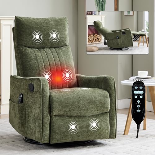 High Back Massage Recliner with Heat - Swivel Rocking Chair for Small Spaces, Manual Lazy Boy Recliner for Adults, Perfect for Living Room & Bedroom, Soft Fabric (Antique Green)