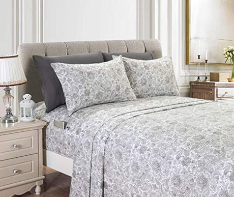 Elegant Comfort Amelia Paisley Printed 4-Piece Sheet Set, Deep Pocket 1500 Thread Count, Fade, Stain, and Wrinkle Resistant, Fitted Sheets with Smart Pockets, Paisley Sheet Set, Twin XL, Ash Gray Elegant Comfort