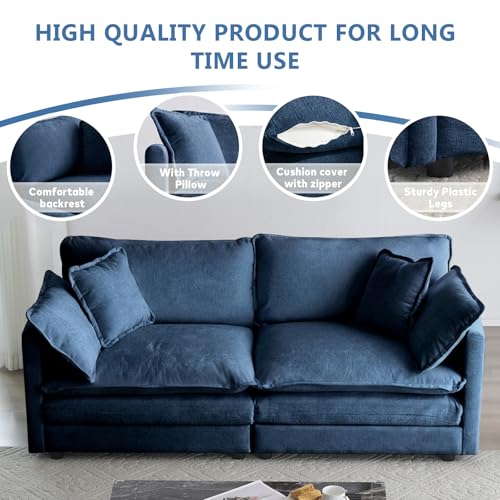 VICBARLEY Modular Sectional Sofa with 2 Seat 76.7" Convertible Chenille Couch Futon with 2 Armrest Pillows and 2 Throw Pillow for Living Room,Office and Apartment,Blue VICBARLEY