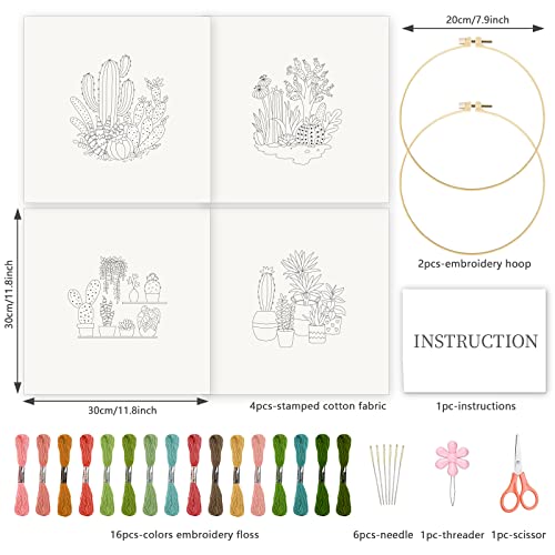 INFUNLY 4pcs Cactus Embroidery Kit Embroidery Starter Kits Cactus Cross Stitch Kits for Adults Stamped Embroidery Set with Patterns Embroidery Kit for Beginners Instruction Included