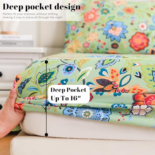 Bedlifes Full Sheet Set Ultra Soft, Breathable, Silky Flower Deep Pocket 100% Microfiber Bedding, 4 Piece Full Size with Floral Sage Green Bedlifes