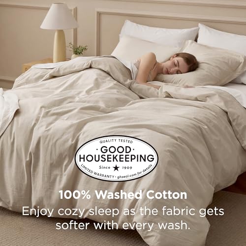Bedsure 100% Washed Cotton Duvet Cover Queen Size - Oatmeal Minimalist Cotton Duvet Cover Linen Like for All Seasons - GentleSoft™ Plain Simple Bedding (Oatmeal, Queen, 90"x90") Bedsure