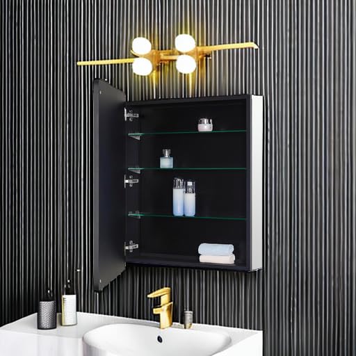 IDYLLOR Black Bathroom Mirror Medicine Cabinet with Round Corner Framed Door 24 x 30 inch, Recessed or Surface Mount, with Adjustable Glass Shelves IDYLLOR