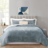 RECYCO Luxury Velvet Quilt Set, California King 118'' x 106'' Oversized Bedspread, Ultra Soft Velvet Comforter, Lightweight Box Stitch Bedding Sets for All Season, with 2 Shams, Blue Linen RECYCO