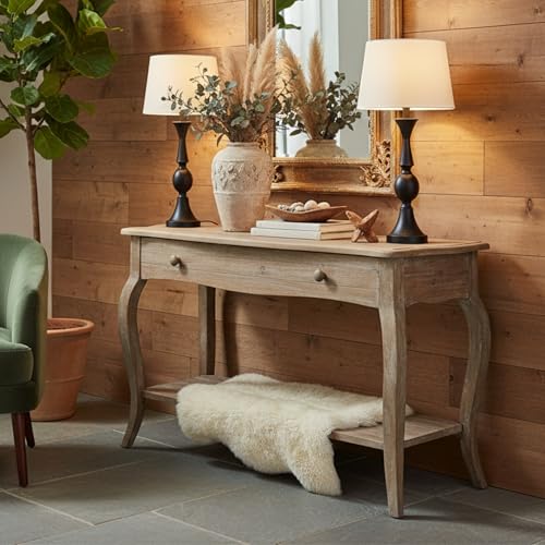 Austerity Rustic Console Table, 42 Inch with Curved Legs, Scalloped Edges, and Lower Shelf in Driftwood Finish - Natural and White Textured Antique Look Home Décor by Alaterre Furniture Alaterre Furniture