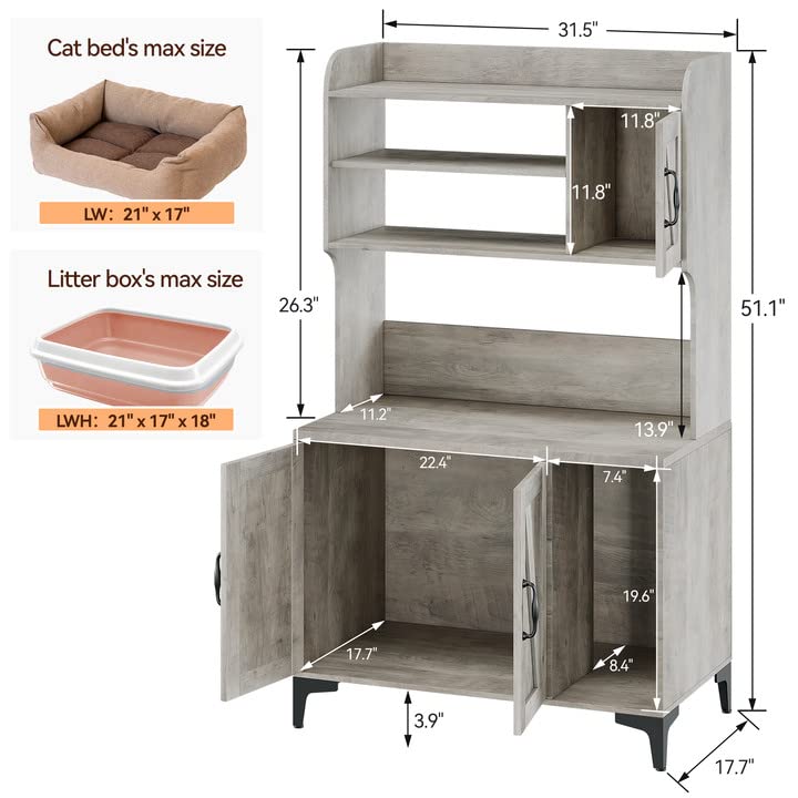 IDEALHOUSE Cat Litter Box Enclosure with Shelves and Doors,Wood Sturdy Hidden Litter Box Furniture,Indoor Cat House Furniture for Most of Litter Box,Litter Box Cabinet,Grey IDEALHOUSE