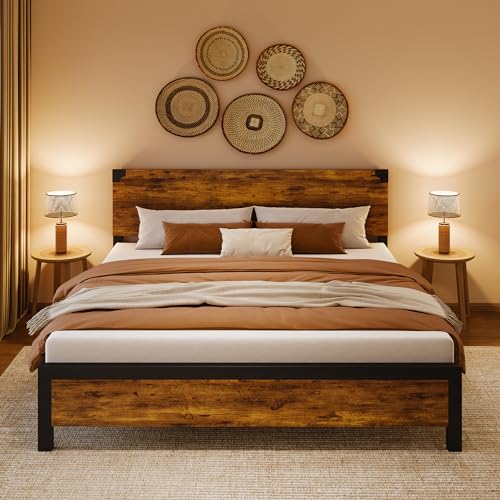 GAOMON King Bed Frame with Vintage Wood Headboard and Under-Bed Storage - Durable, Noise-Free Design GAOMON