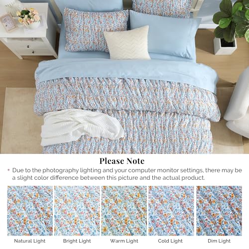 BLOOMHAVEN Queen Comforter Set - 7 Pieces Blue Classic Puff Floral Bedding Sets for All Seasons, Shabby Chic Farmhouse Bed in a Bag Queen with Wildflowers Fluffy Comforter, Sheets, Pillowcases & Shams BLOOMHAVEN