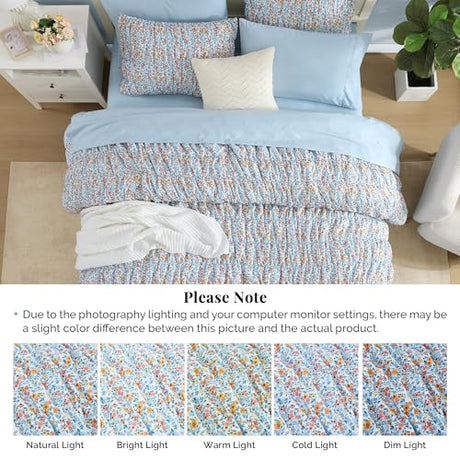 BLOOMHAVEN Queen Comforter Set - 7 Pieces Blue Classic Puff Floral Bedding Sets for All Seasons, Shabby Chic Farmhouse Bed in a Bag Queen with Wildflowers Fluffy Comforter, Sheets, Pillowcases & Shams BLOOMHAVEN