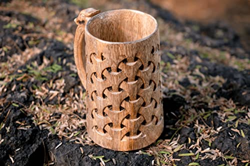 NORSE EMPIRE Premium Wooden Beer Mug 16Oz Chainmail Pattern 100% Handcrafted Beer Stein Wine accessories Viking Gifts Medieval Gift Sack Tankard Christmas Coffee Cups Vikings Mug Food Safe NORSE EMPIRE