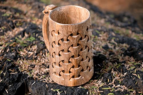 NORSE EMPIRE Premium Wooden Beer Mug 16Oz Chainmail Pattern 100% Handcrafted Beer Stein Wine accessories Viking Gifts Medieval Gift Sack Tankard Christmas Coffee Cups Vikings Mug Food Safe - WoodArtSupply