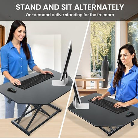 Aconcept 32 inch Black Corner Height Adjustable Standing Desk Converter, One-Click Sit to Stand up Desk Riser, Pre-Assembled for Dual Monitor and Laptop Workstation Aconcept
