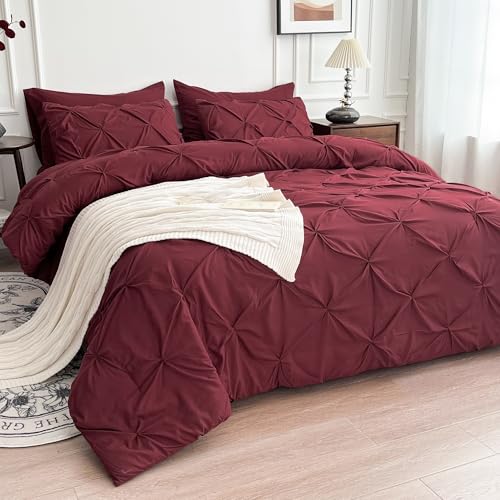Maple&Stone Burgundy Comforter Set Queen, 7 Pieces Bed in a Bag Queen, Pintuck Bedding Sets with Comforter, Sheets, Pillowcases & Shams - Burgundy Maple&Stone