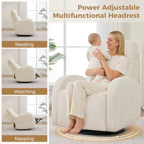 Dual Motors Power Recliner with Adjustable Headrest, Electric Swivel Rocker Recliner for Nursery, Glider Reclining Rocking Nursery Chairs for Small Space, Living Room, Bedroom, Chenille Cream White AEMEIOS