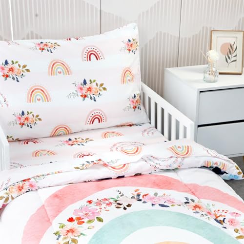 Toddler Bedding Sets for Girls, Rainbow Toddler Crib Bedding Set 4 Piece Pink Floral Toddler Comforter Set Includes Flat Top Sheet, Fitted Sheet, Comforter, Envelope Pillowcase, Soft & Comfort Pea Pod