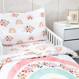 Toddler Bedding Sets for Girls, Rainbow Toddler Crib Bedding Set 4 Piece Pink Floral Toddler Comforter Set Includes Flat Top Sheet, Fitted Sheet, Comforter, Envelope Pillowcase, Soft & Comfort Pea Pod