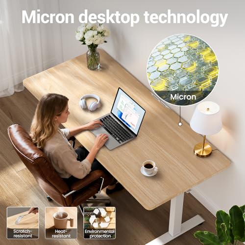 Veken 55 Inch Large Electric Standing Desk, 4 Memory Heights Adjustable,Sit to Stand Up, Work Home Office Computer Table for Study, Walking Pad, Writing, and Games, Wooden Desktop Desks, Nature Wood Veken