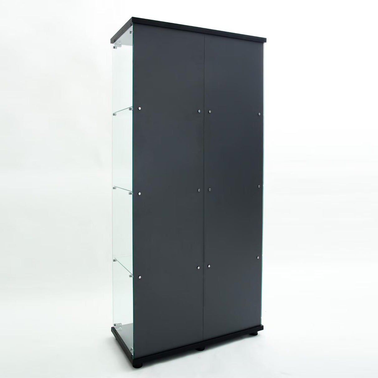 Yoluckea 4-Tier Glass Display Cabinet with Bluetooth LED Light Strip, 2-Door Floor Standing Curio Cabinet with Adjustable Feet and Mirror Back Panel, Black Glass Bookshelf for Collections, Wood Top Yoluckea