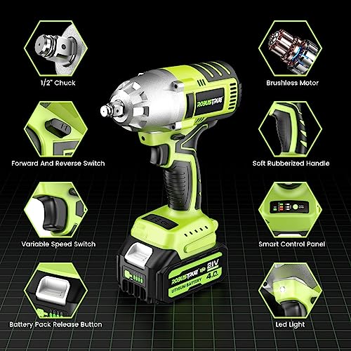 Robustrue Cordless Impact Wrench, 590Ft-lbs (800N.m) Brushless 1/2 inch Impact Wrench, 2500RPM Max Torque Impact Gun, 2x 4.0Ah Battery, Charger, 4 Sockets, Electric Impact Wrench for Car Truc - WoodArtSupply