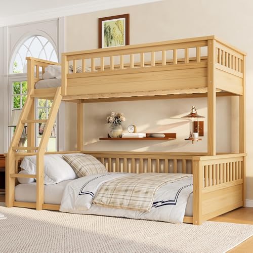 Bellemave Twin Over Full Bunk Bed for Kids/Adults,Floor Bunk Beds with Inclined Ladder,Solid Wood Low Bunk Bed for Teens,Girls,Boys,Detachable,Natural Bellemave