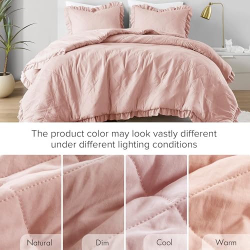 Comfort Spaces Blush Twin Duvet Cover Set - 2 Pieces Ruffle Diamond Quilted Duvet Cover, All Season Lightweight, Cotton-Like Softness Pre-Washed Microfiber Twin Bedding Cover & Sham, Twin Comfort Spaces