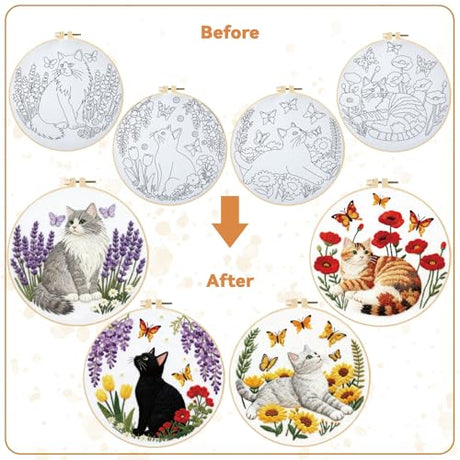BEUNITONE 4 Set Embroidery Kit for Beginners, Cat and Butterfly Pre-Stamped Pattern Needlepoint Kits for Adults with Hoop and Instruction, Cute Hand Embroidery Patterns for Cloth and Home Decor BEUNITONE