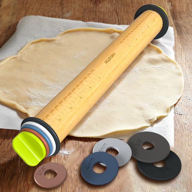 Aguegro Rolling Pin with Adjustable Thickness Ring, Dough Thickness for Baking, Fondant, Pizza, Crust, Cookies, Pastry, 13.6" Wooden Rolling Pin with 4 Multi-Color Thickness Rings