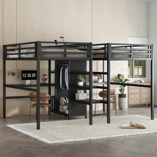 Harper & Bright Designs Double Loft Bed Twin Size with Desk and Wardrobe for 2, Heavy Duty Metal Loft Bed Frame with Storage Shelf and Electrical Outlet, Black Harper & Bright Designs