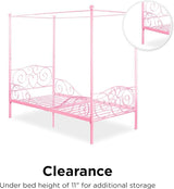Twin Canopy Bed Frame for Girls, Pink Metal Princess Bed with Heart Design, No Box Spring Needed, Weight Capacity 225 lbs, Underbed Storage Space WoodArtSupply