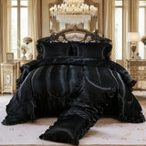 Satin Queen Comforter Set Silk Like Satin Bedding Set Hotel Soft Polyester Black Bed Set Luxury Silky Pillow Cover with Quilt Set Ruffle Down Comforter Home Decor Bedding_Dreamer
