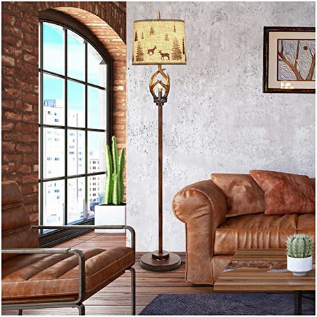 Scenekoy Rustic Farmhouse Antlers Floor Lamp with Nightlight Brown Finish Round Shade Lamps for Living Room Bedroom Office Study House Scenekoy