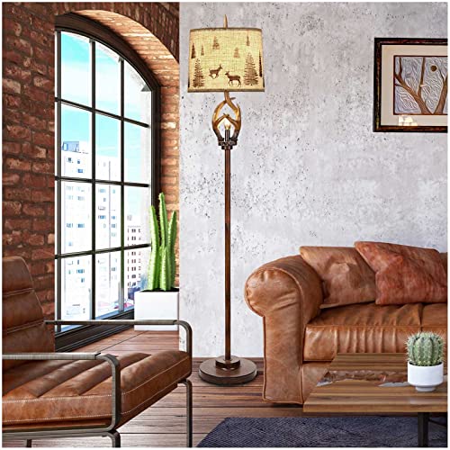 Scenekoy Rustic Farmhouse Antlers Floor Lamp with Nightlight Brown Finish Round Shade Lamps for Living Room Bedroom Office Study House - WoodArtSupply