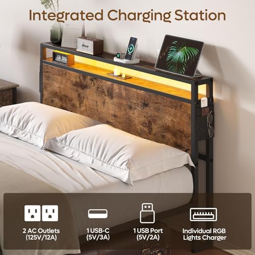 Bestier Queen Size LED Platform Bed Frame with Headboard, Storage, and Charging Station - WoodArtSupply