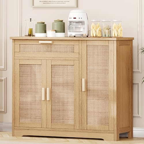 Keehusux Rattan Sideboard Buffet Cabinet, Floor Storage Cabinet with Drawer & 3 Doors, Freestanding Cabinet with Adjustable Shelf, Accent Cabinet for Kitchen, Living Room, Hallway, Natural KE - WoodArtSupply