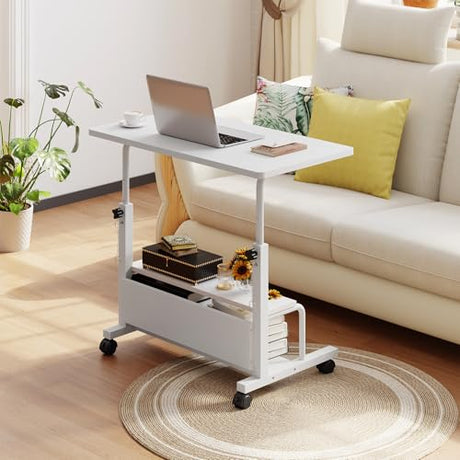 DUMOS 31.5" Manual Standing Desk, Height Adjustable Mobile Computer Desk with Lockable Wheels & 2-Tier Storage, Rolling Laptop Table for Small Spaces & Home Office, White DUMOS