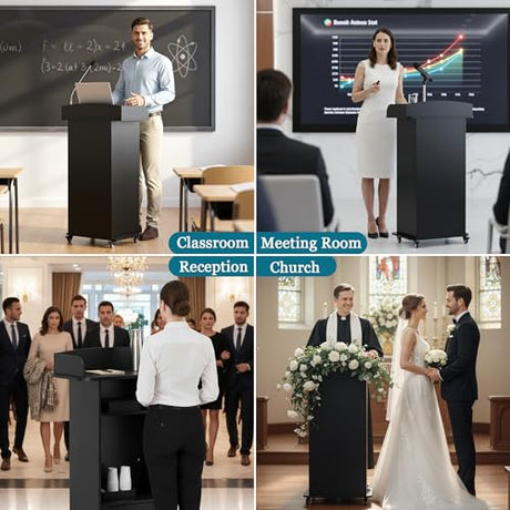 Qriocioa Podium Stand with Metal Wheels Wooden Lectern Podium Stand Portable Pulpit Standing with Storage Mobile Reception Podiums Desk for Church Office School Conference Restaurant Meeting, Black Qriocioa