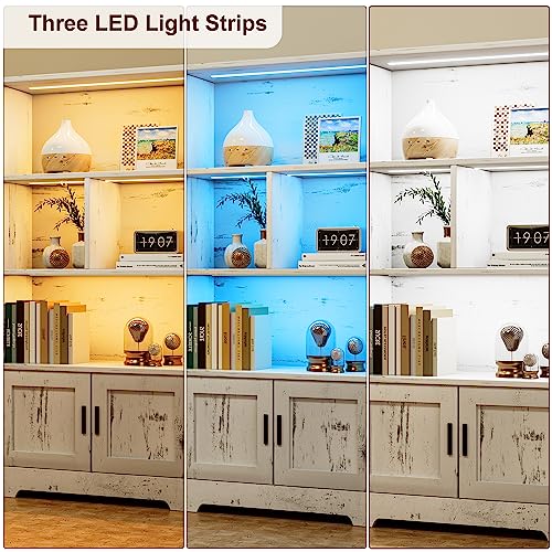 IDEALHOUSE Wood Bookcase with Doors White Bookshelf with LED Lights Modern Storage Rack 3 Shelf Standing Bookshelves Large Display Shelf Unique Book IDEALHOUSE