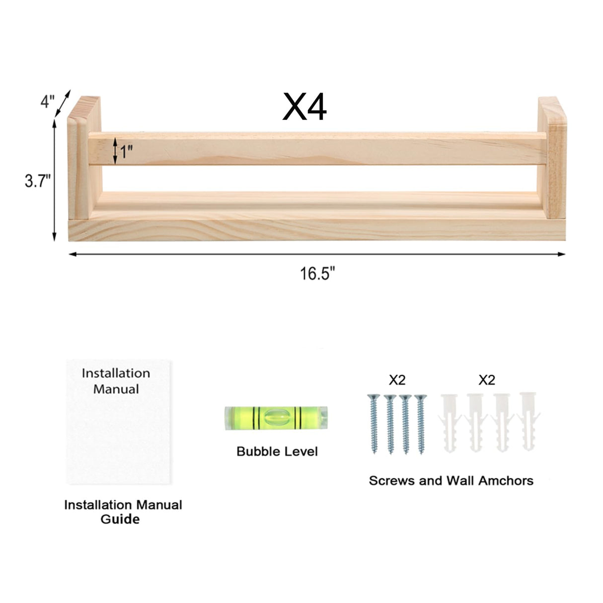 DUICIRX Nursery Room Shelves Set of 4, Wood Floating Book Shelves for Kids Room, Baby Book Shelf for Nursery, Kitchen Spice Rack (Natural Wood) DUICIRX