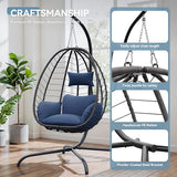 ALAULM Foldable Egg Chair with Stand, 485LBS Capacity Wicker Rattan Hammock Swing Chair for Outdoor & Indoor, Patio Hanging Chair with Strong Frame & UV Resistant Cushion for Balcony, Bedroom, Blue