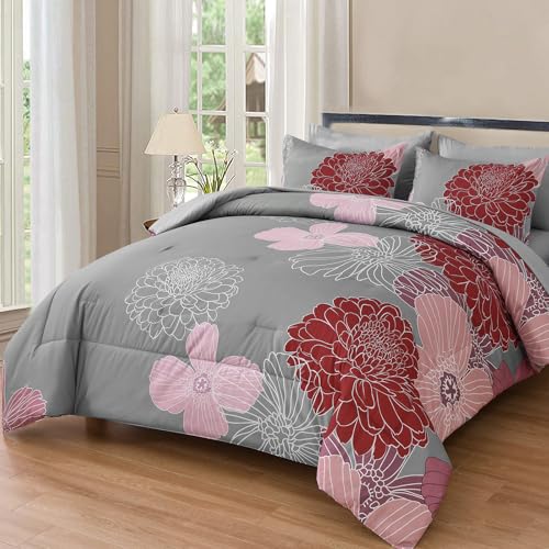 Yiran Burgundy Pink Red Floral Comforter Set Bed in a Bag Flower Comforter Set Soft Microfiber Bedding Set King 104''x90'' Yiran