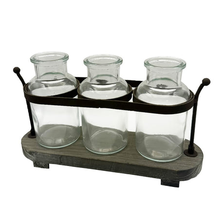 Funsoba Propagation Stations with Rustic Wood Metal Stand, Glass Vase Set with Wicker Basket Holder, 3 Bottles, Rustic Farmhouse Decor, Home and Office Table Decor (Set of 3 Bottles) FUNSOBA