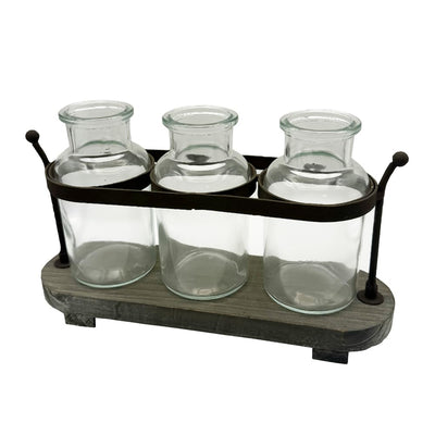 Funsoba Propagation Stations with Rustic Wood Metal Stand, Glass Vase Set with Wicker Basket Holder, 3 Bottles, Rustic Farmhouse Decor, Home and Office Table Decor (Set of 3 Bottles)