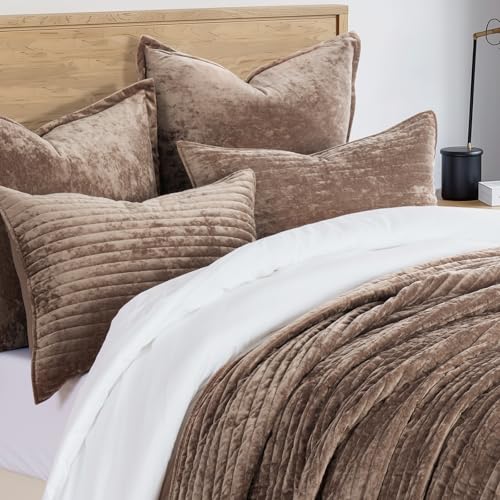 EVERGRACE Velvet Quilt Set Queen Size, Luxurious Soft Striped Channel Bedding Set, Lightweight Velvet Comforter for All Season, Oversized Bedspread Coverlet with 2 Matching Shams, Mocha Brown EVERGRACEHOME