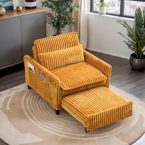 Majnesvon Modern Corduroy Fabric Sofa Bed Futon, 3 in 1 Convertible Pullout Bed Sleeper Couches with 3 Reclining Backrests, Small Sofa Chair Bed for Living Room Bedroom (Yellow) Majnesvon