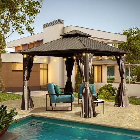 Domi 8x8FT Hardtop Gazebo, Outdoor Gazebo with Galvanized Steel Double Roof Canopy, Curtain and Netting, Metal Gazebo Pavilion for Patio, Lawn, Garden, Brown domi outdoor living