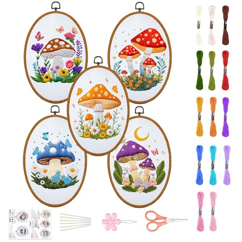 ORIGACH 5 Pack Mushroom Embroidery Kits for Beginners, DIY Stamped Cross Stitch Kit with Mushroom Patterns Hoops Needles Threads and Instructions for Adults Embroidery Craft Lover