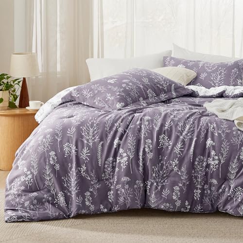Bedsure Queen Comforter Set - Grayish Purple Bed Set, 3 Pieces Cute Floral Bedding, 1 Soft Reversible Botanical Flowers Comforter and 2 Pillow Shams Bedsure