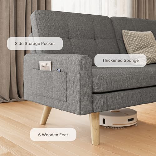 Gizoon Futon Sofa Bed, 70.9" Futon Couch with Adjustable Backrest, Removable Armrest for Extended Length, Mid Century Modern Loveseat for Living Room, 6 Wood Legs, 2 Metal Support Rods, Dark Grey Gizoon